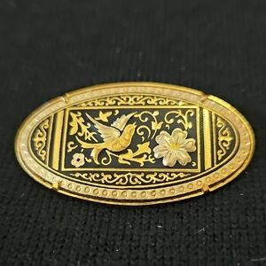 Vintage Damascene Goldtone and Black Oval Filigree Brooch